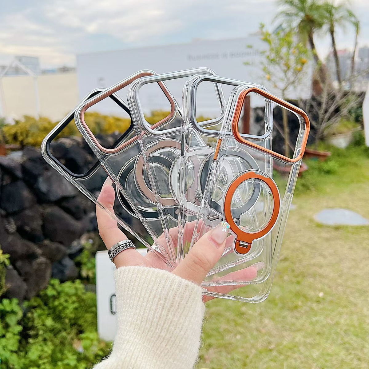 IPhone 12 pro max Crystal Clear MagSafe Case with Rotating Magnetic Ring & Metallic Camera Frame