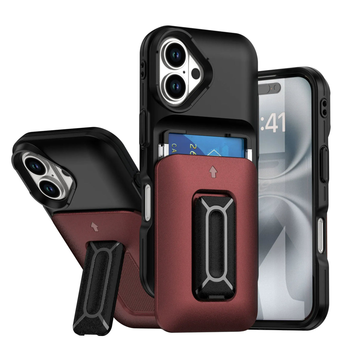 Iphone 15 dual layer case with 2 card compartment & dual position kickstand (B005)