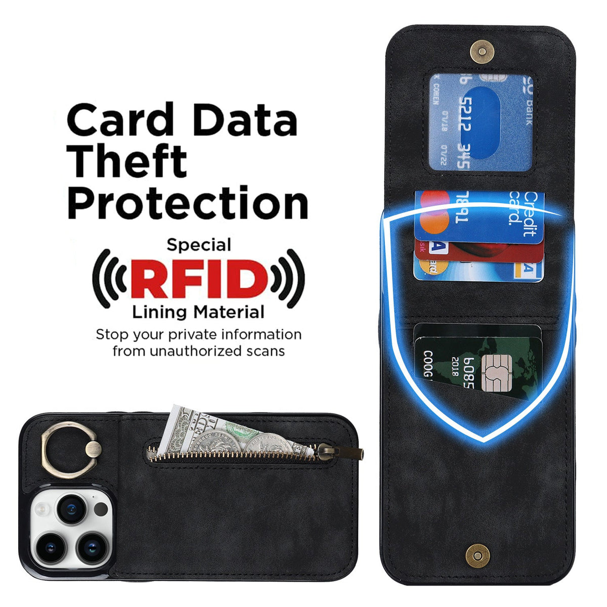 iphone 13 pro max back wallet case with ring and zipper pocket RFID