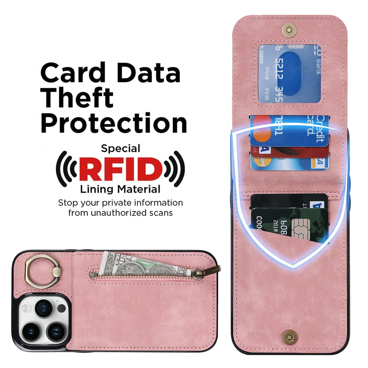 iphone 13 pro max back wallet case with ring and zipper pocket RFID
