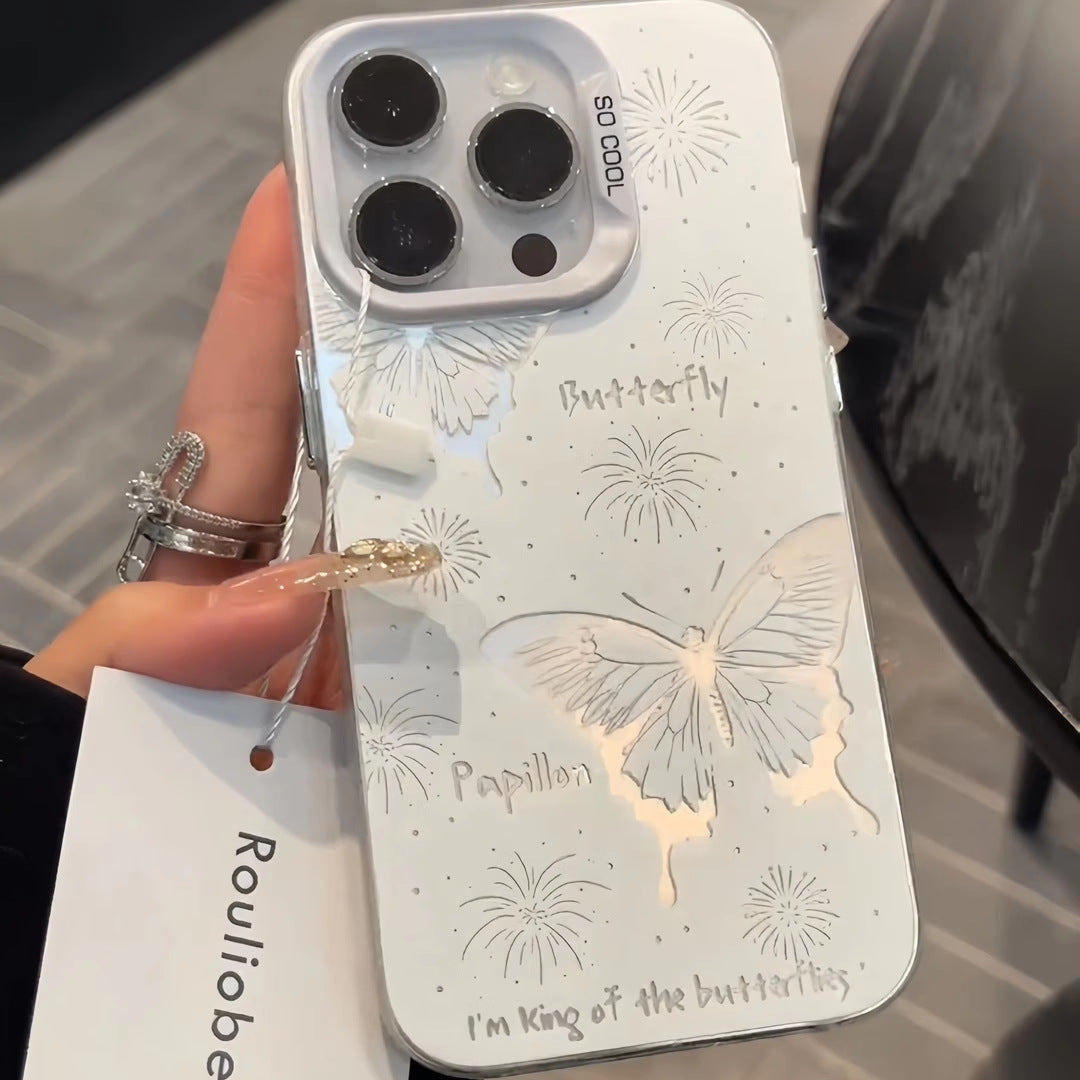 Iphone 16e Slim fit Matte Hard Case with Artistic Butterfly Design Cream & Grey