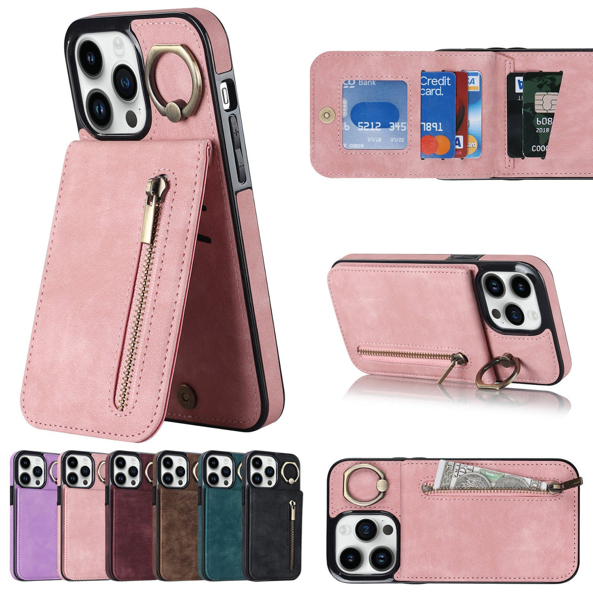 iphone xs max back wallet case with ring and zipper pocket RFID