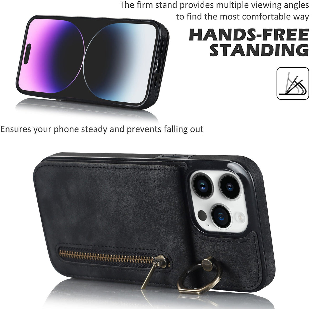 iphone 13 pro max back wallet case with ring and zipper pocket RFID