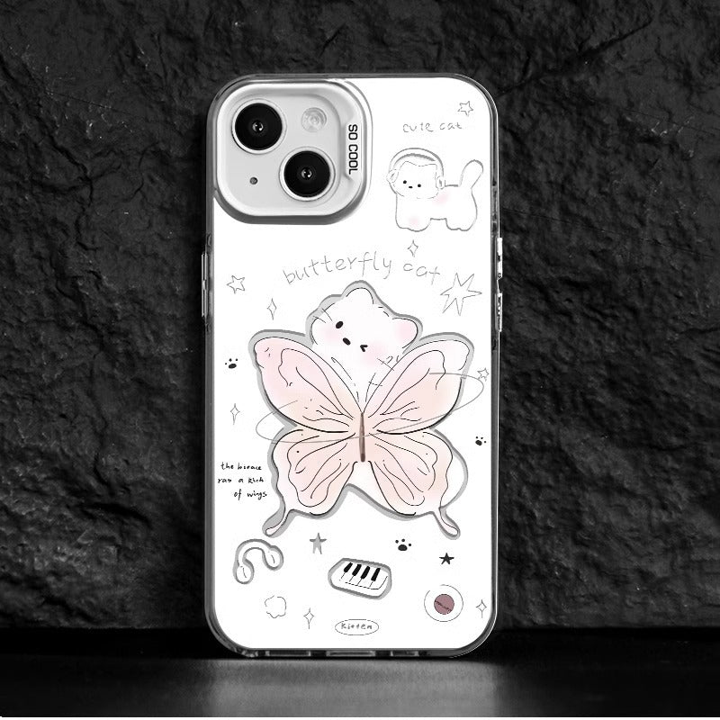 Iphone 15 plus Slim fit Matte Hard Case with Pink Butterfly Cat Design