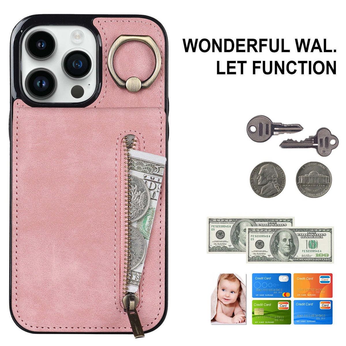 iphone 13 pro max back wallet case with ring and zipper pocket RFID