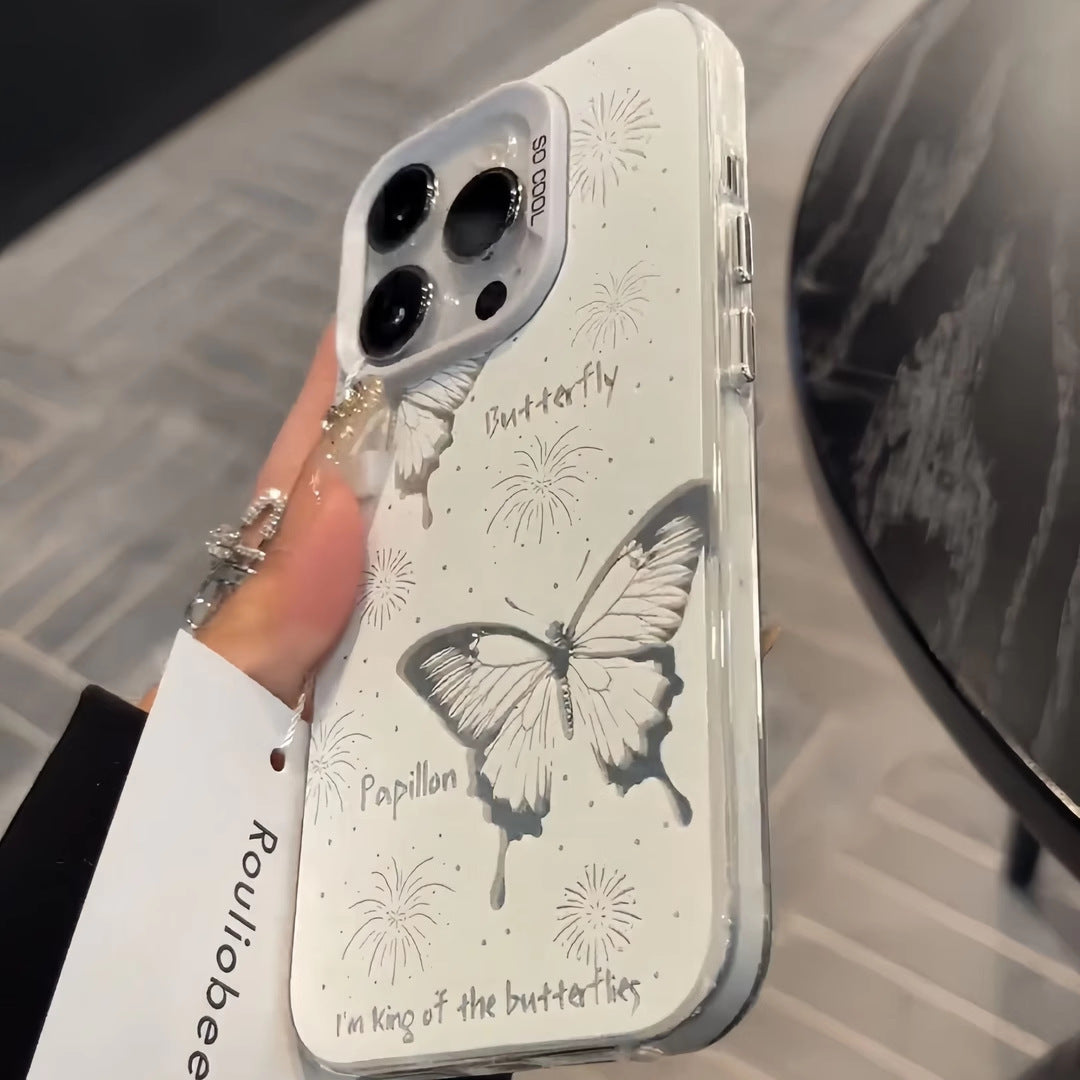 Iphone 13 pro max Slim fit Matte Hard Case with Artistic Butterfly Design Cream & Grey