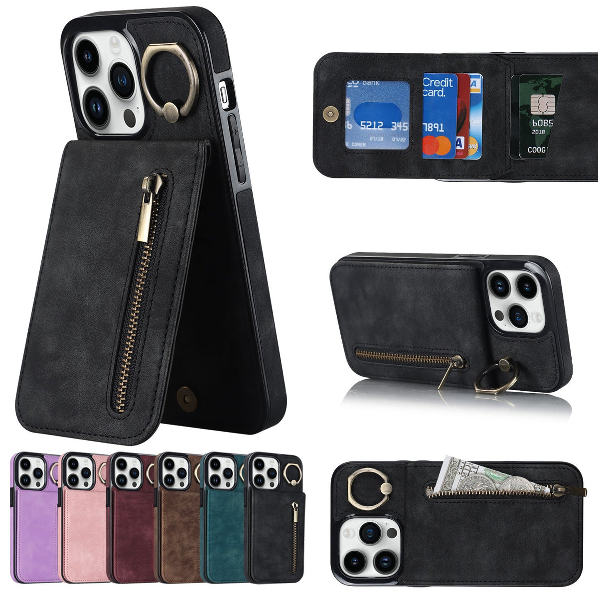 iphone 13 pro max back wallet case with ring and zipper pocket RFID