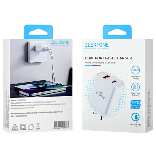 ELEKFONE Fast Wall Charger 20W Dual Port USB-A and Type-C SAA Certified - C1 product photo