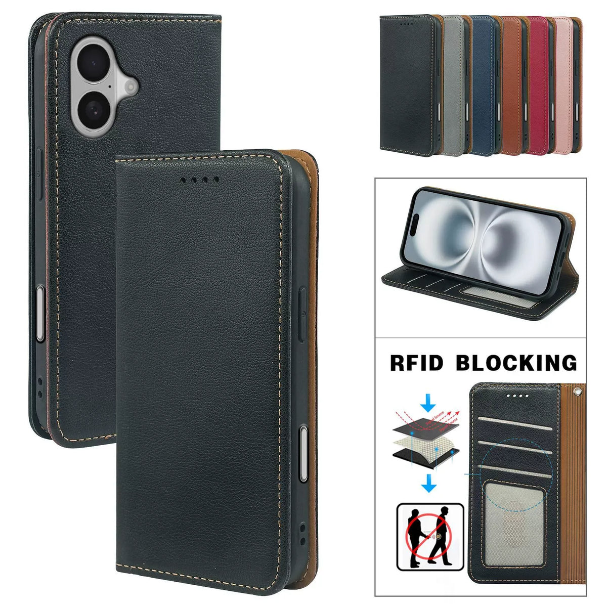 iPhone 17 Pro / 18 Pro flip wallet case lichi grain finish with invisible magnetic closure (strong) & RFID blocking (w-015)