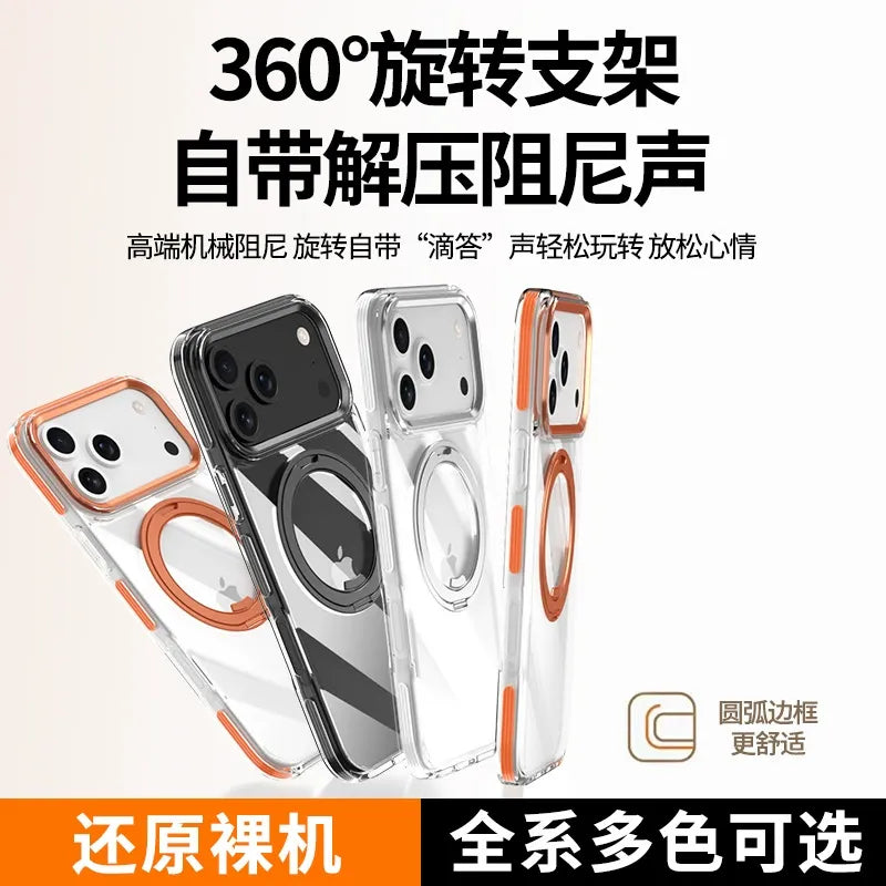 IPhone 16 pro max Crystal Clear MagSafe Case with Rotating Magnetic Ring & Metallic Camera Frame
