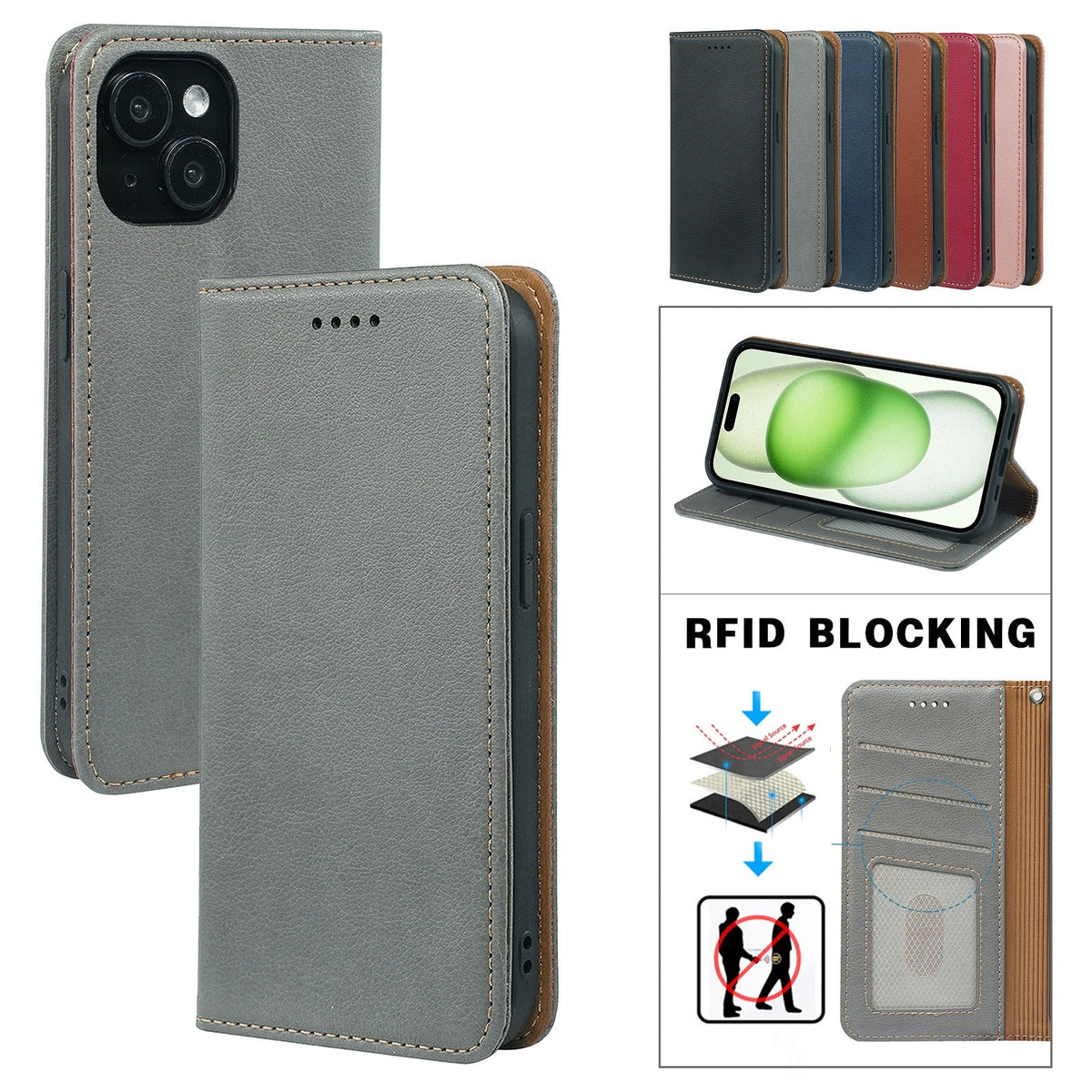 iphone 14 plus flip wallet case lichi grain finish with invisible magnetic closure (strong) & RFID blocking (w-015)